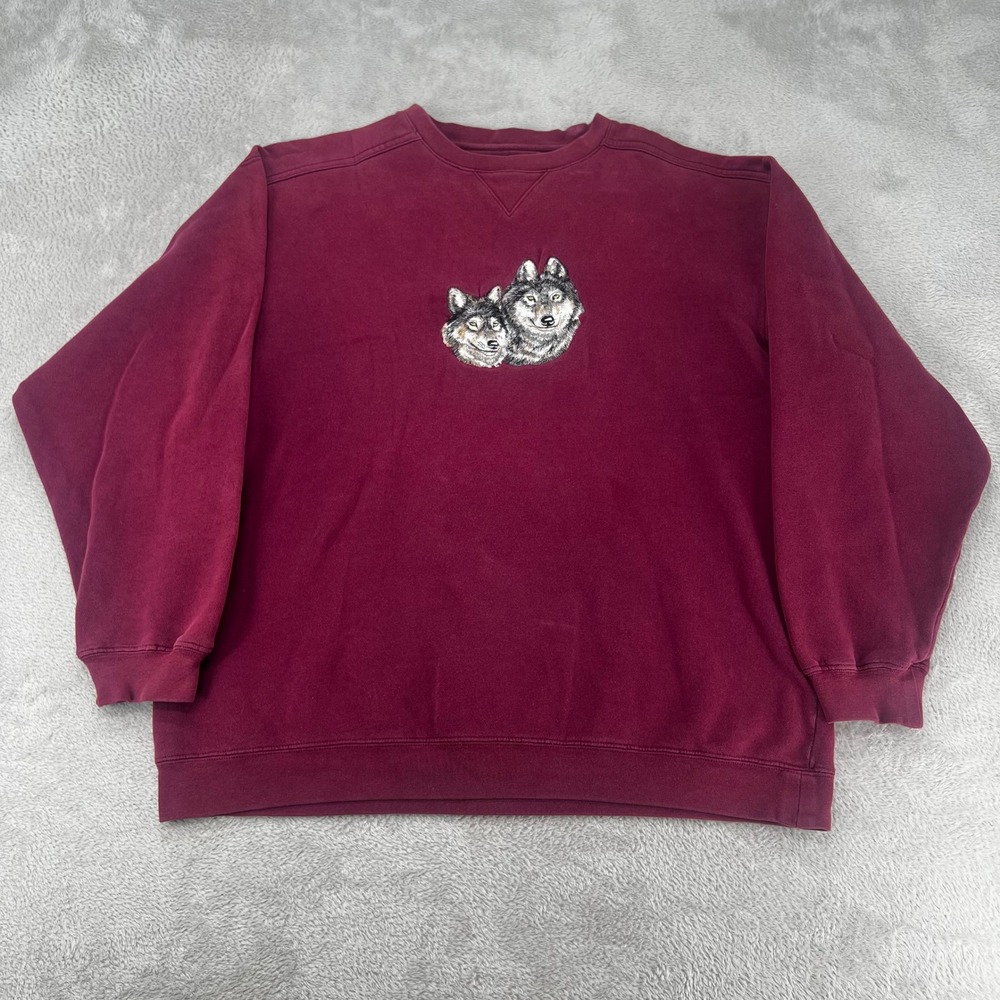 Lee Mens Sueded Wolf Graphic Sweatshirt Large Burgundy Preowned Embroidered